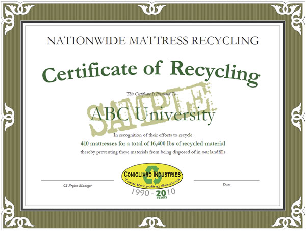 Example Certificate of Recycling